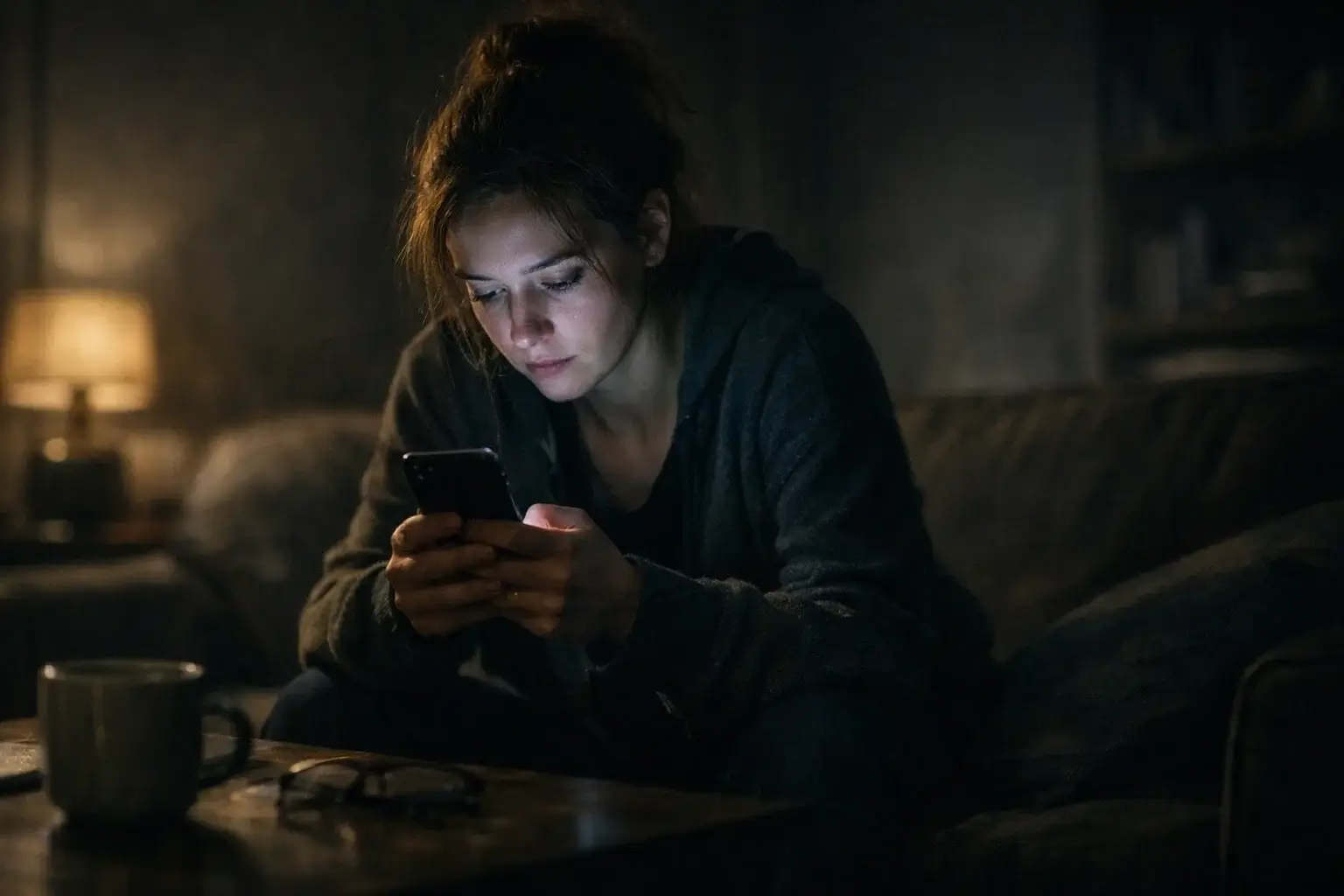 Personne seule dans une pièce sombre avec un smartphone