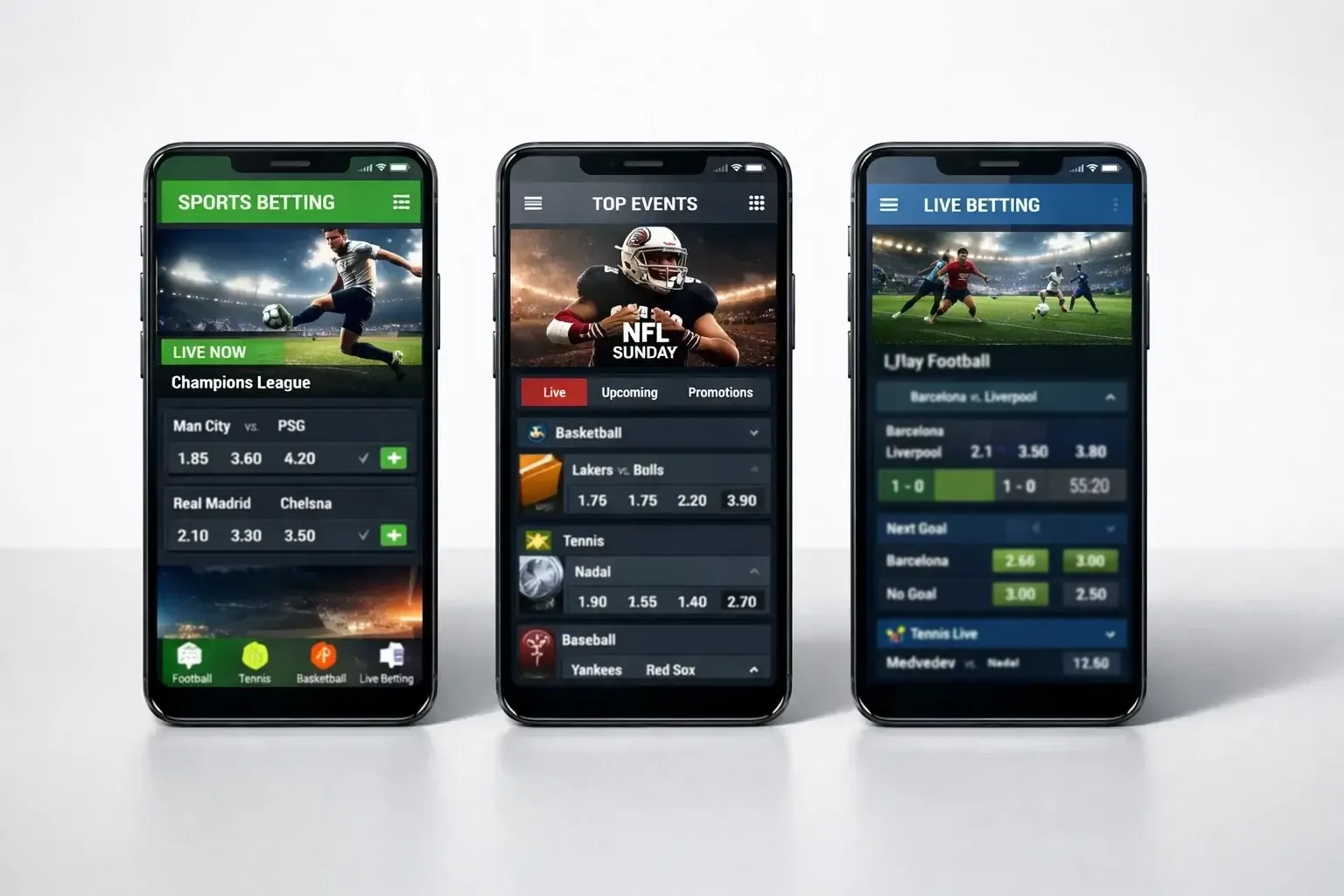 Plusieurs smartphones alignés affichant différentes applications de paris sportifs