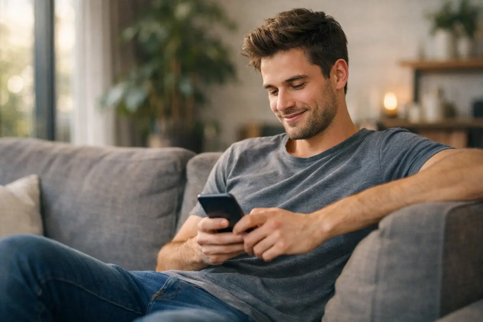 Jeune homme assis dans un canapé utilisant son smartphone pour consulter des résultats sportifs