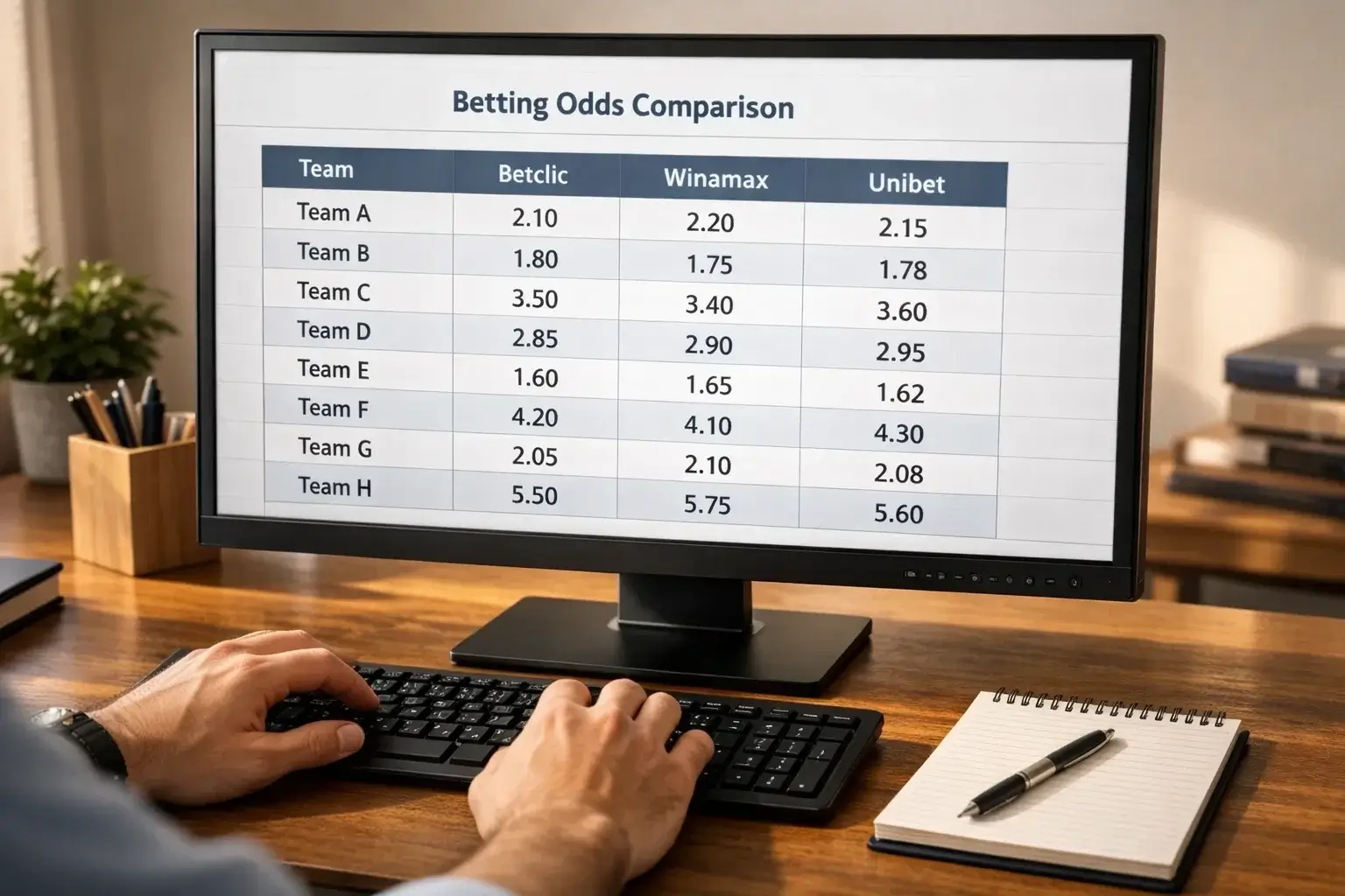 Écran d'ordinateur affichant un tableau comparatif de cotes sportives