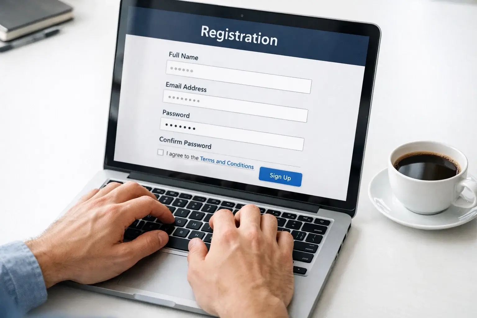 Personne remplissant un formulaire d'inscription sur un ordinateur portable