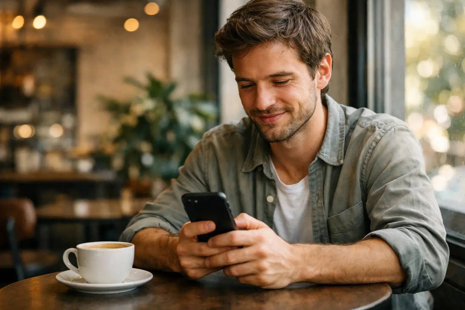 Jeune homme consultant les réseaux sociaux sur son téléphone dans un café