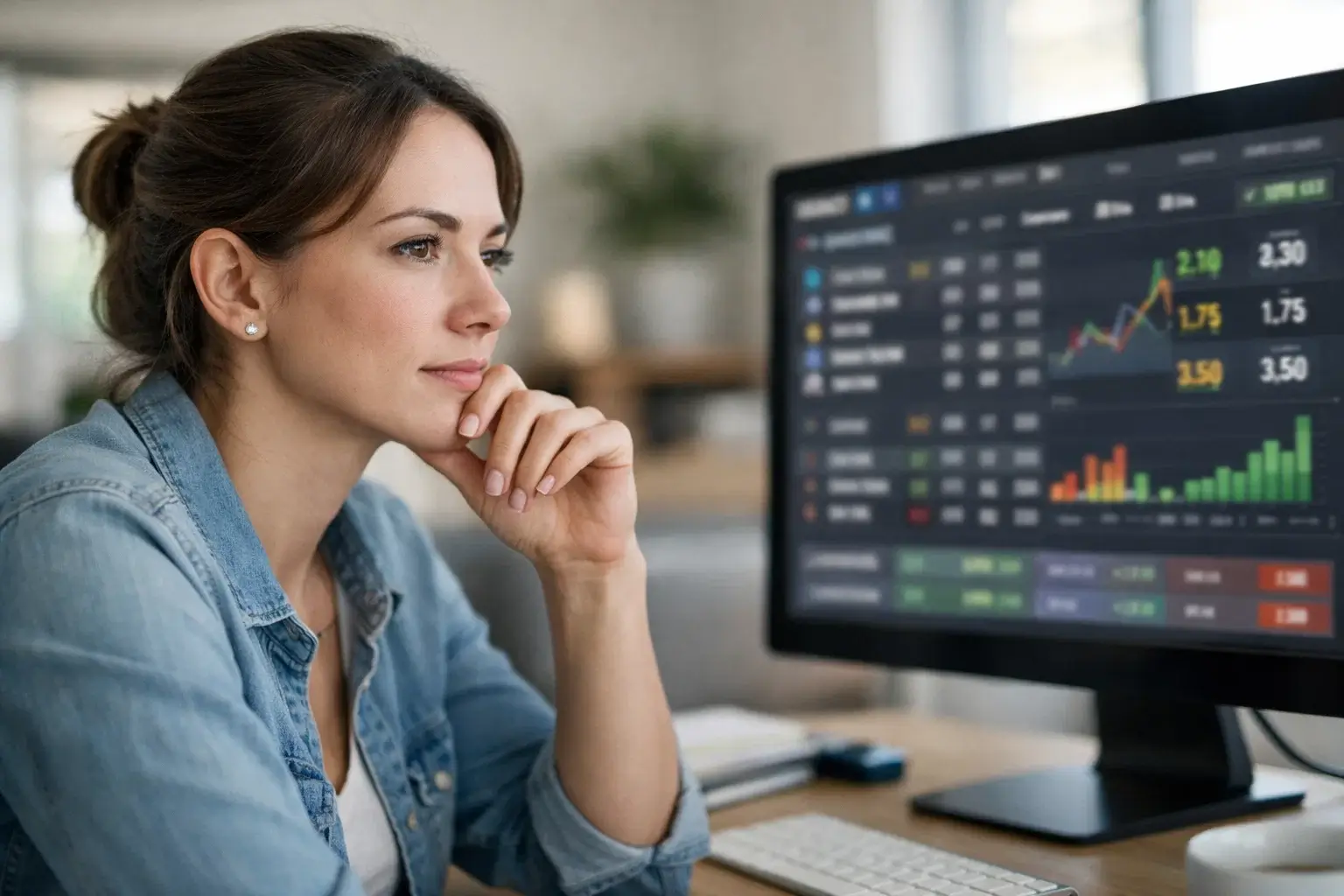 Personne réfléchissant devant un ordinateur affichant des statistiques