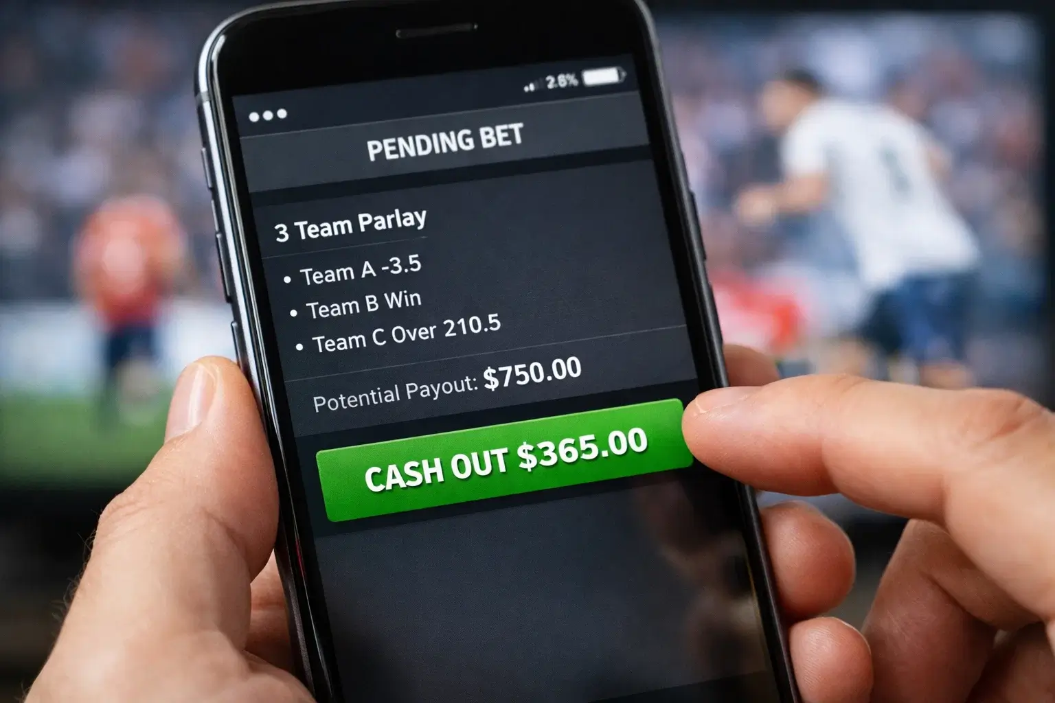 Écran de téléphone affichant une option de cash out sur un pari