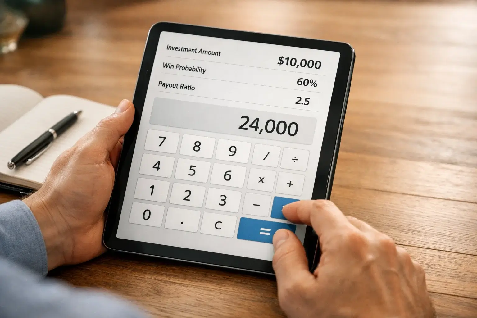 Personne utilisant une application sur tablette pour faire des calculs