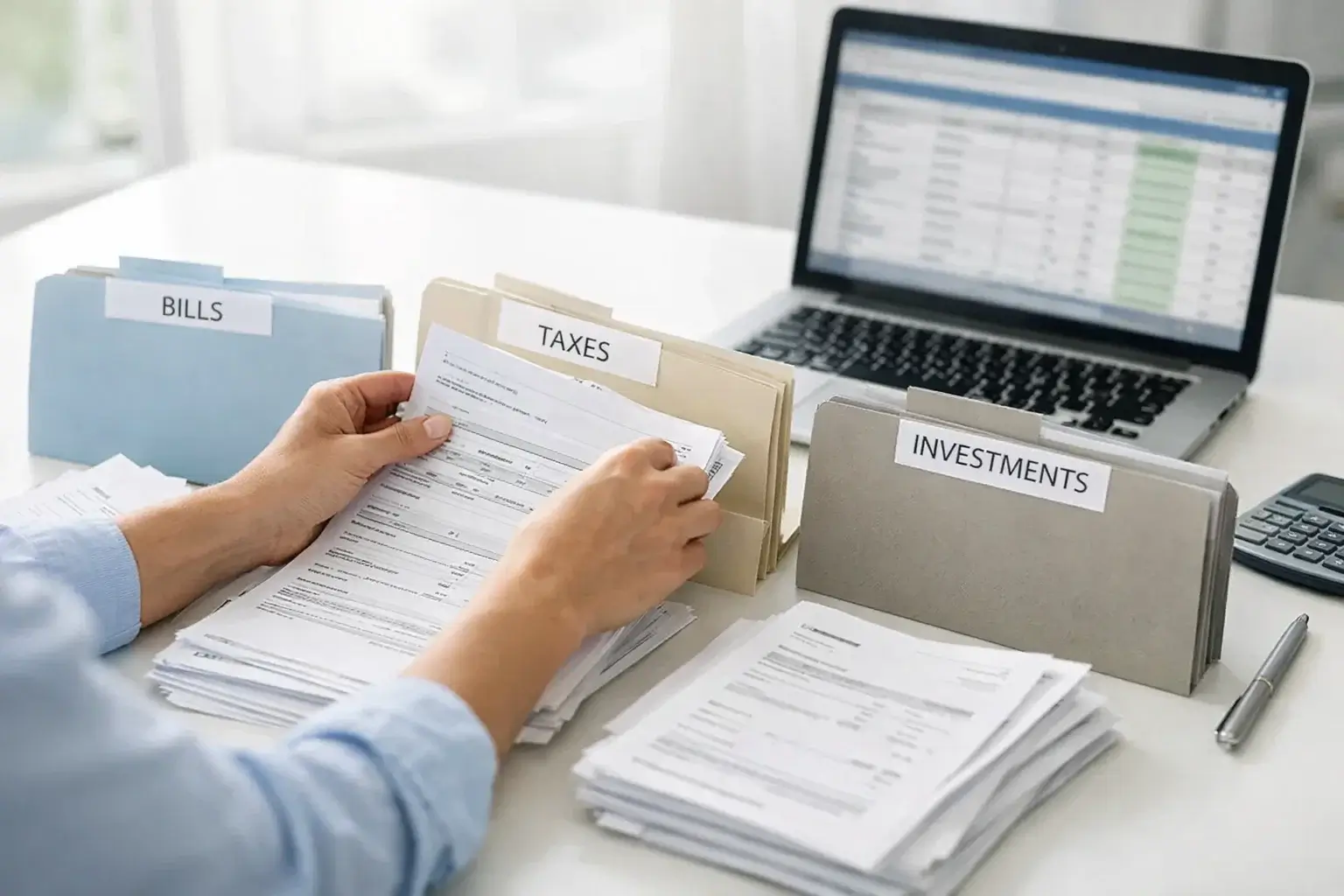 Personne organisant des documents financiers sur un bureau