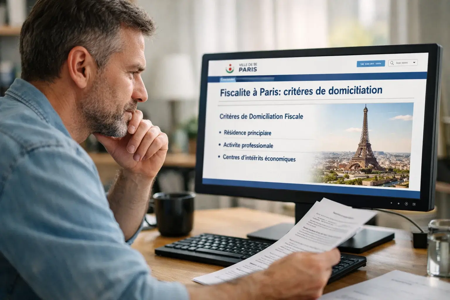 Personne consultant des documents administratifs sur ordinateur