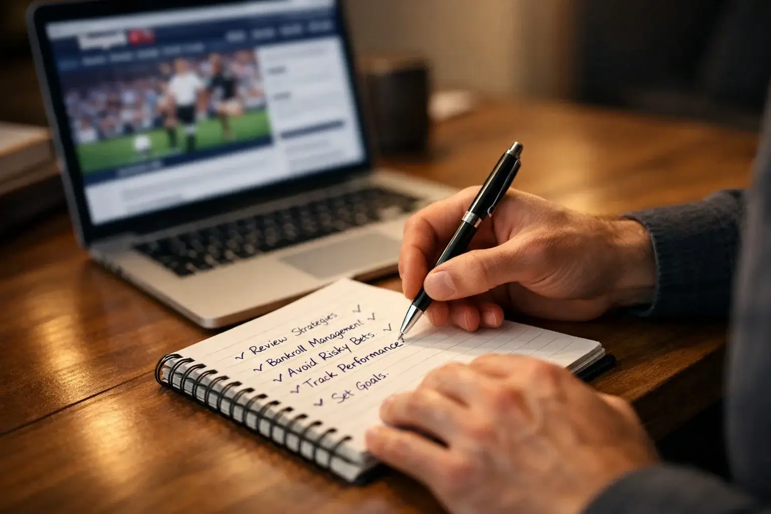 Personne prenant des notes dans un carnet à côté d'un ordinateur portable