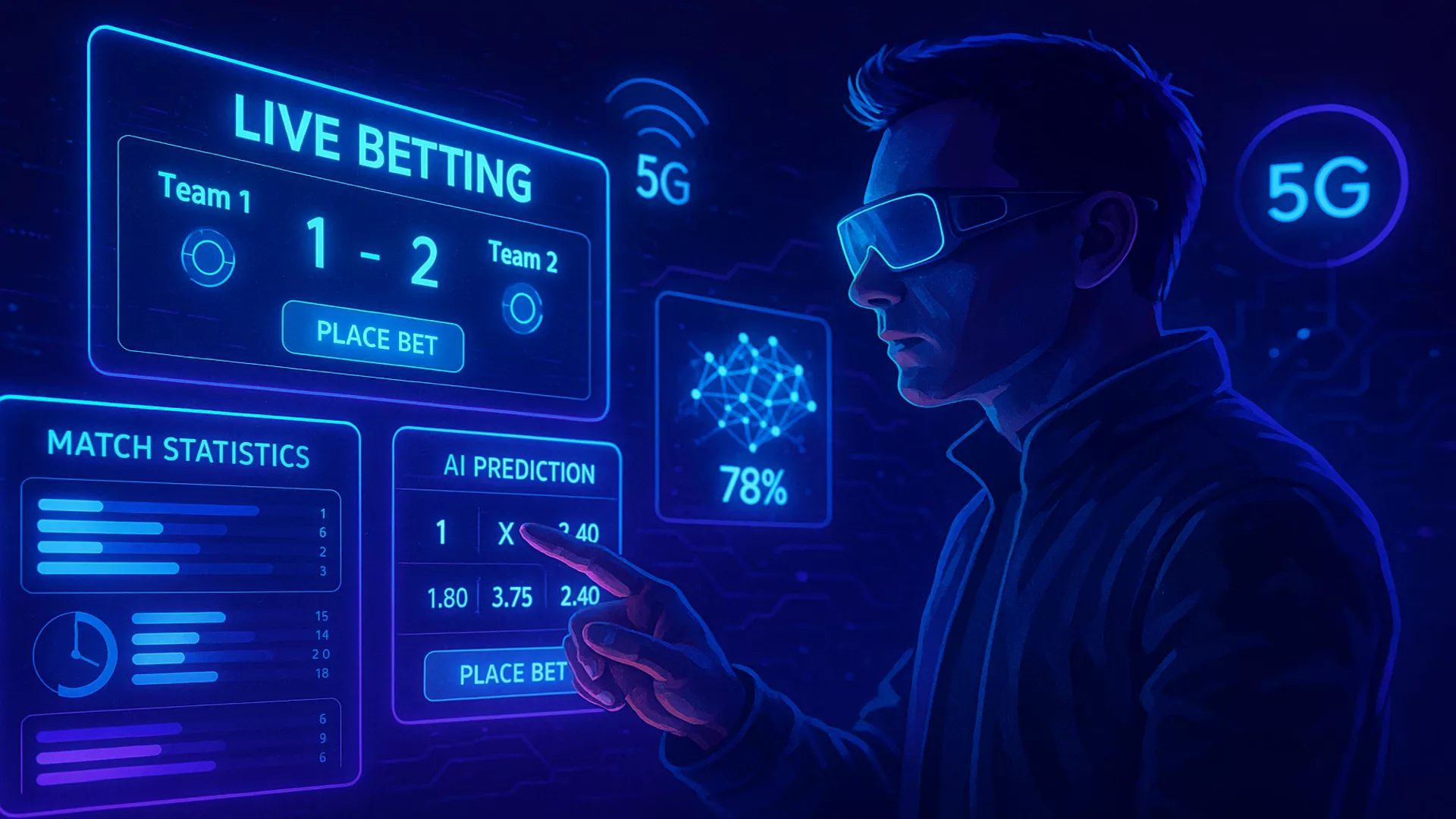 Concept futuriste de paris sportifs avec réalité augmentée, affichages holographiques et IA prédictive