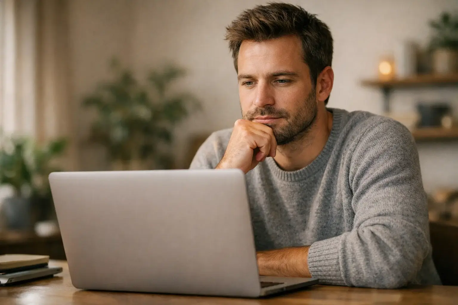 Homme réfléchissant devant son ordinateur portable dans un environnement calme