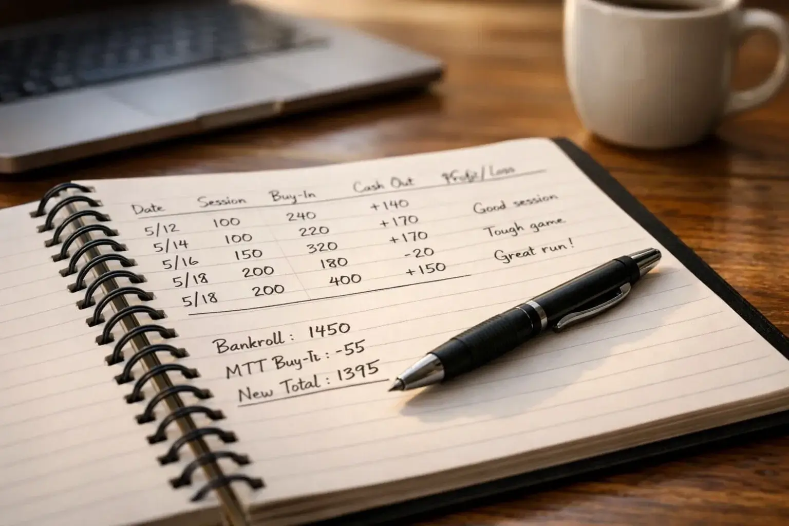 Carnet de notes ouvert avec des chiffres et un stylo sur un bureau