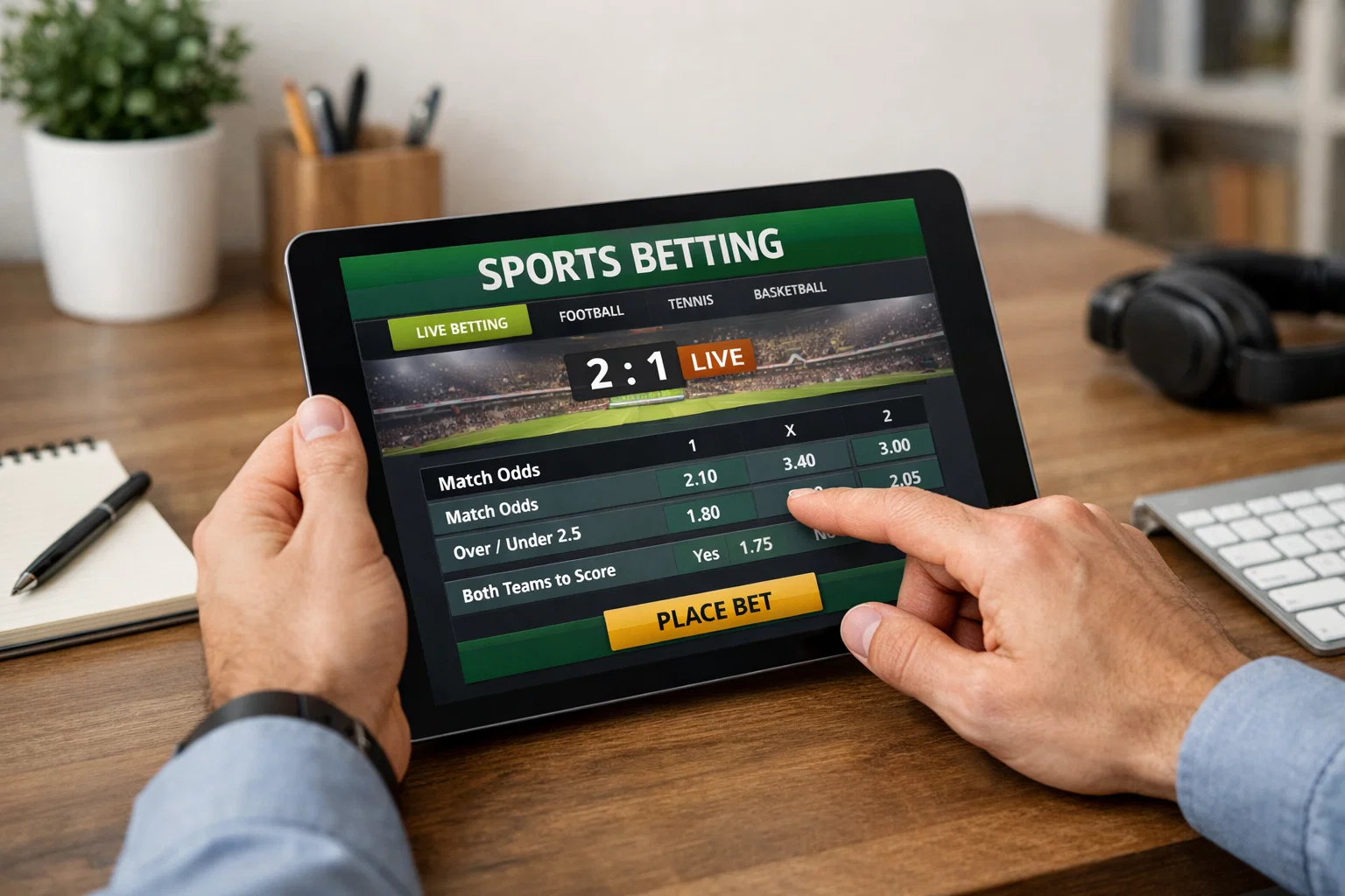 Personne utilisant plusieurs appareils pour consulter des sites de paris