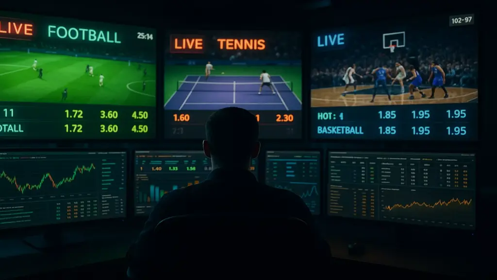 Salle de trading moderne pour paris sportifs en direct avec multiples écrans affichant les cotes en temps réel