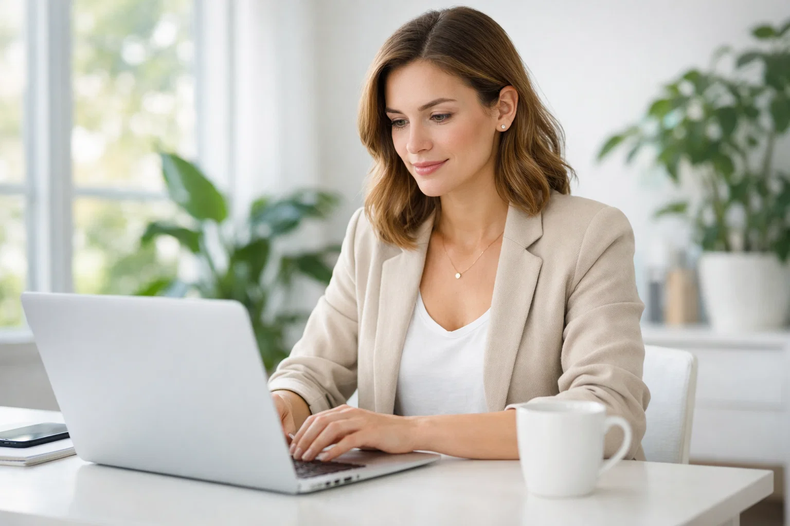 Personne travaillant sereinement sur un ordinateur portable dans un bureau lumineux