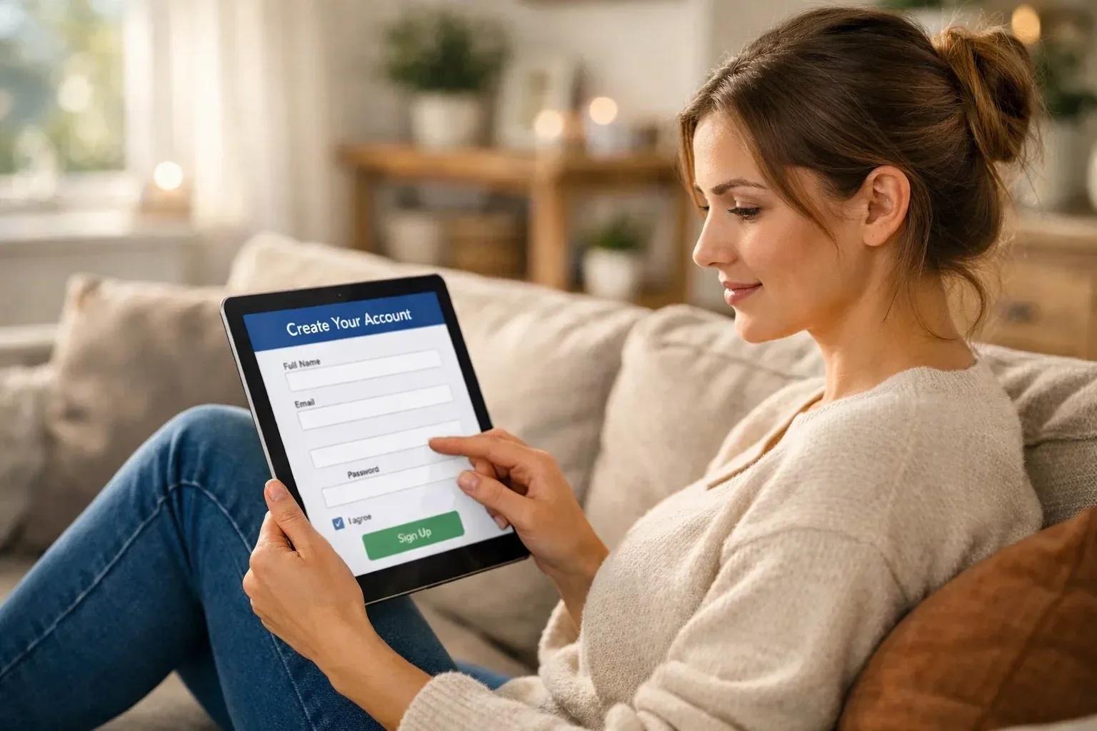 Personne créant un nouveau compte sur un site de paris depuis sa tablette