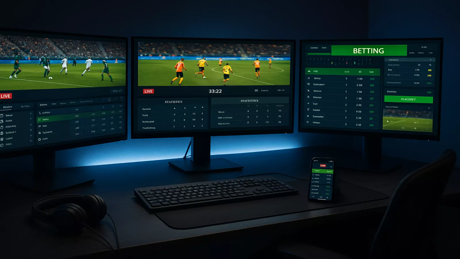 Station de paris professionnelle avec trois moniteurs affichant streams live et statistiques en temps réel