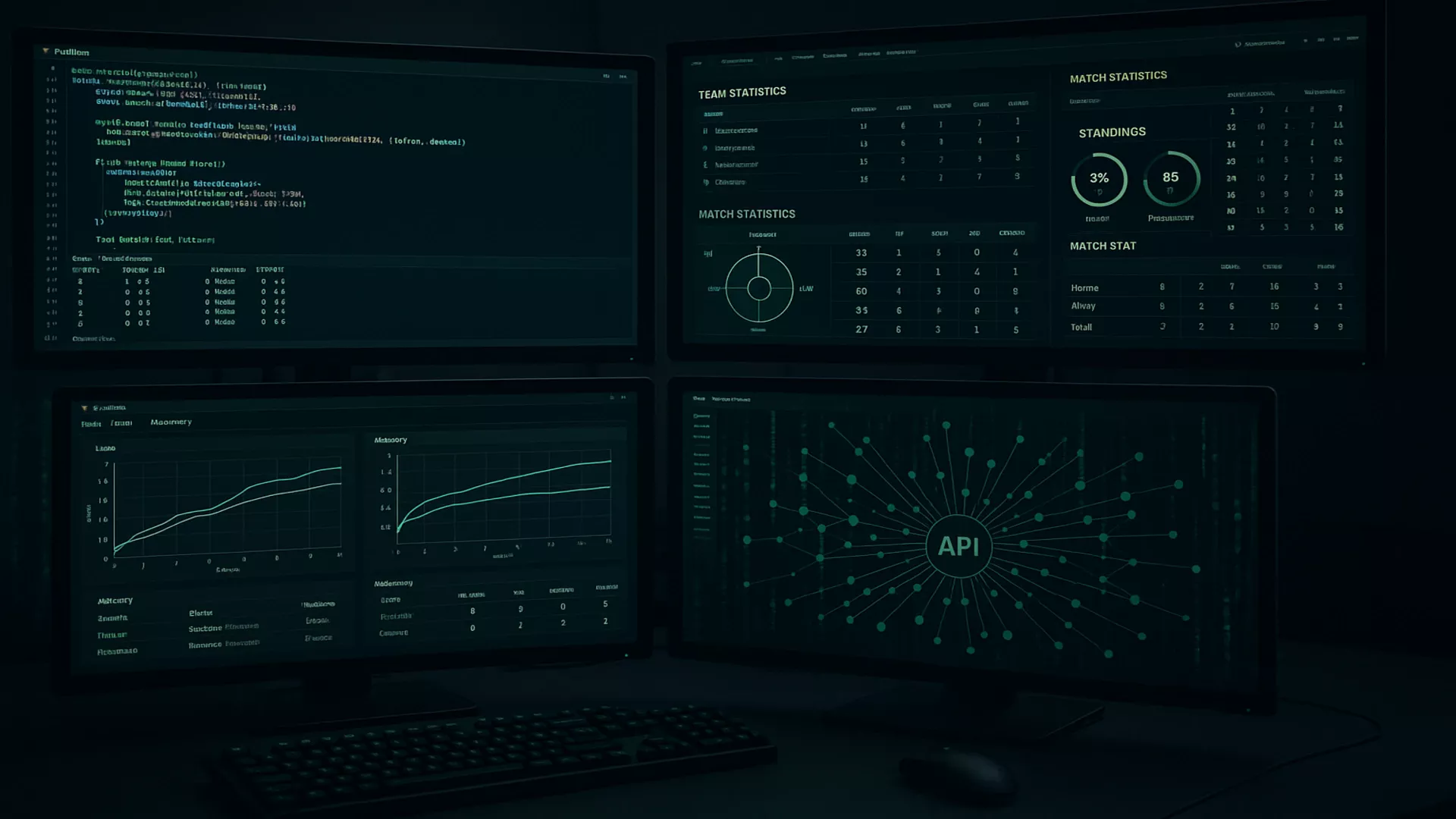 Station de travail high-tech avec multiples écrans montrant des analyses de machine learning et statistiques football