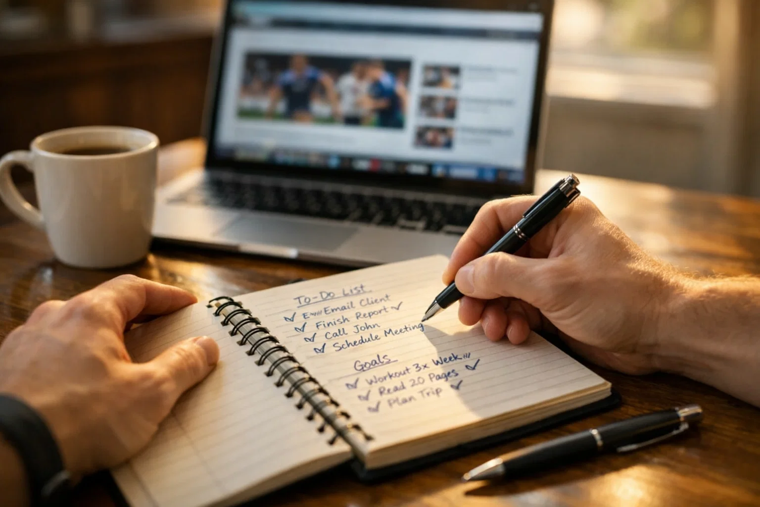 Personne prenant des notes sur un carnet devant un ordinateur portable