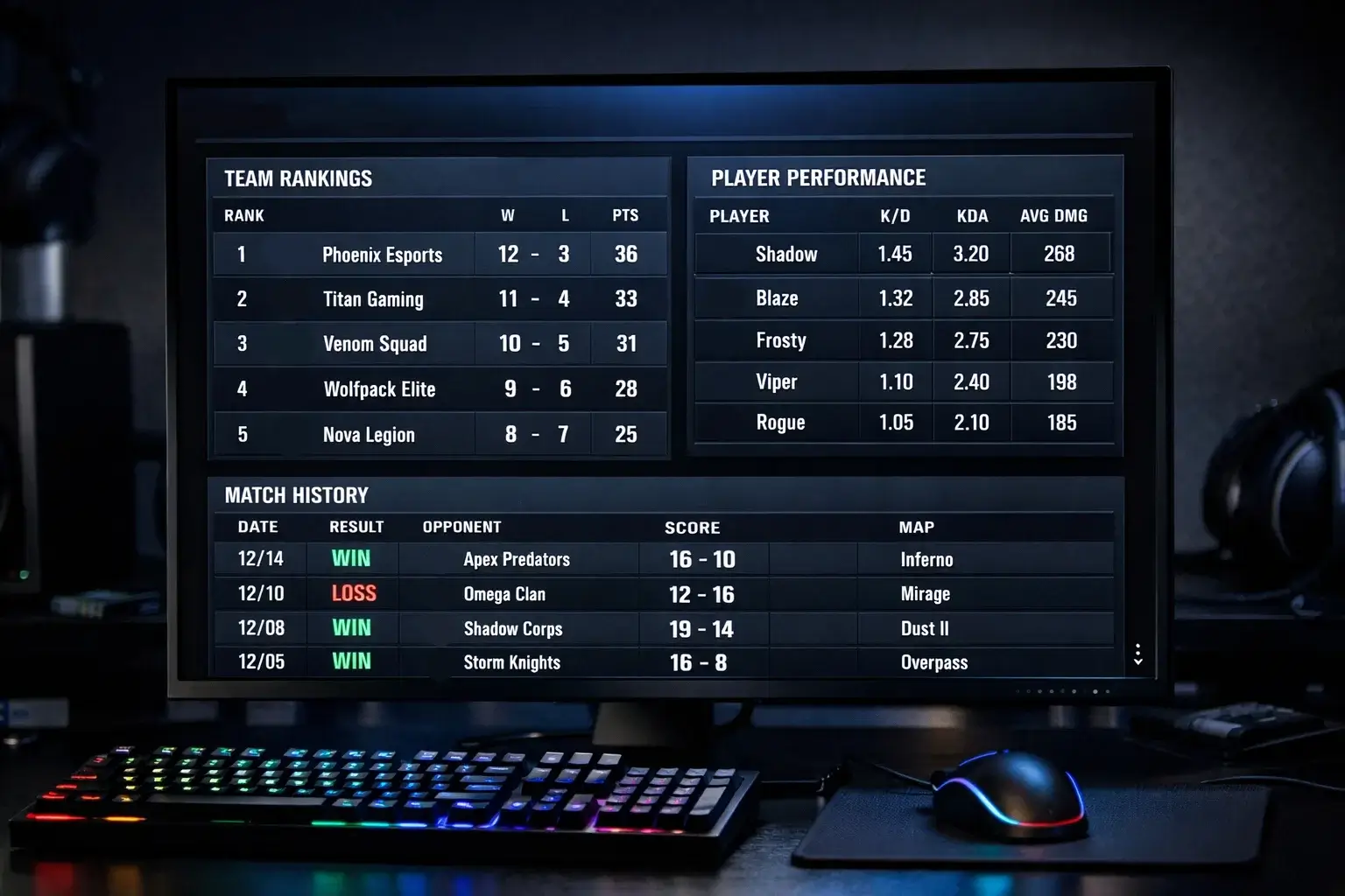 Écran d'ordinateur affichant des statistiques e-sport et classements