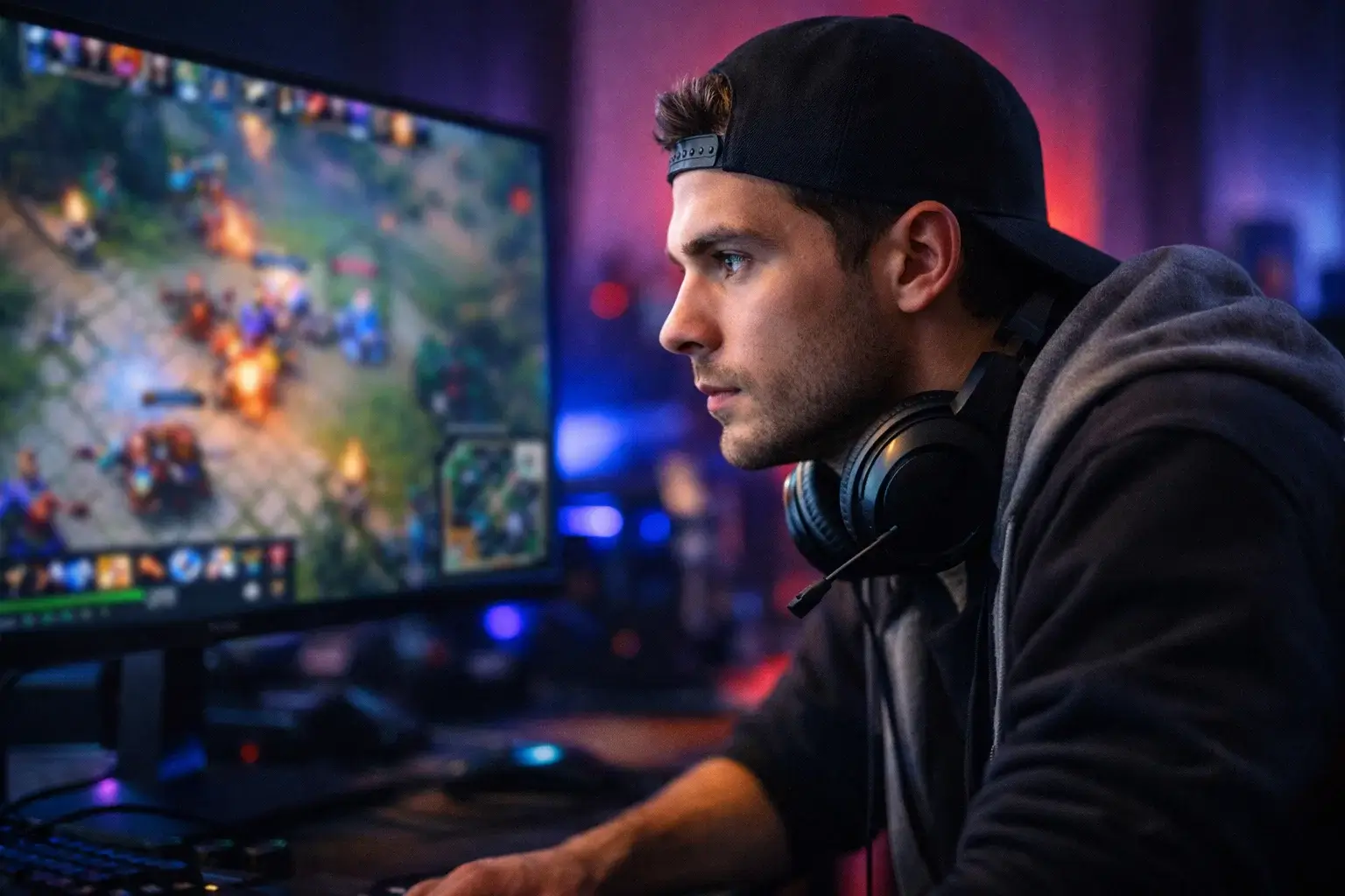Jeune homme concentré regardant un écran de compétition e-sport