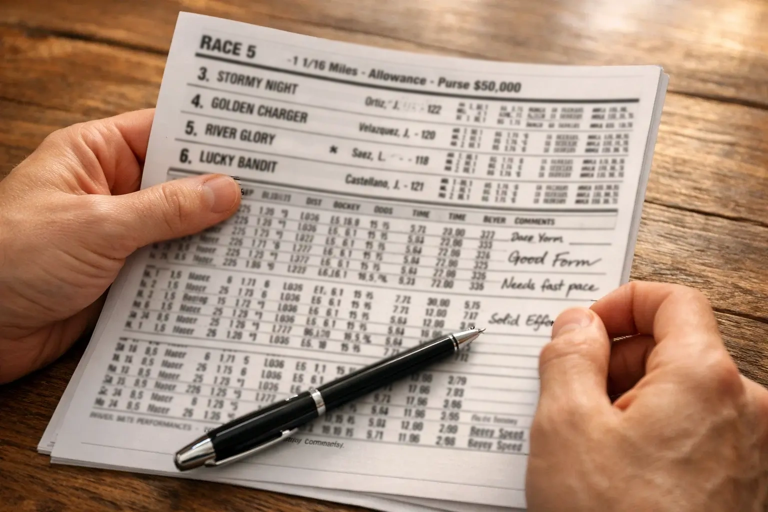 Personne étudiant un programme de courses hippiques