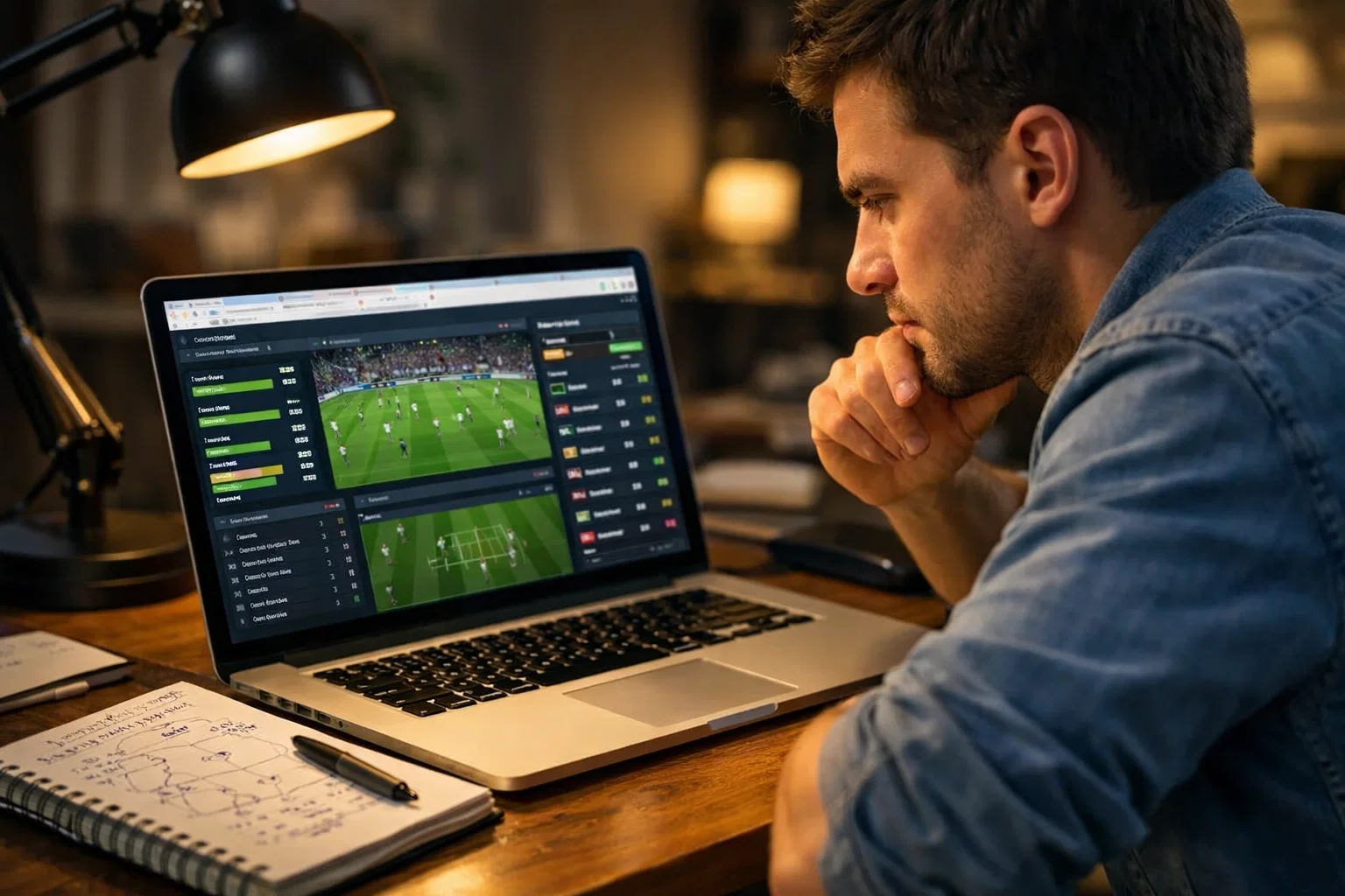 Personne concentrée analysant un match sur ordinateur portable