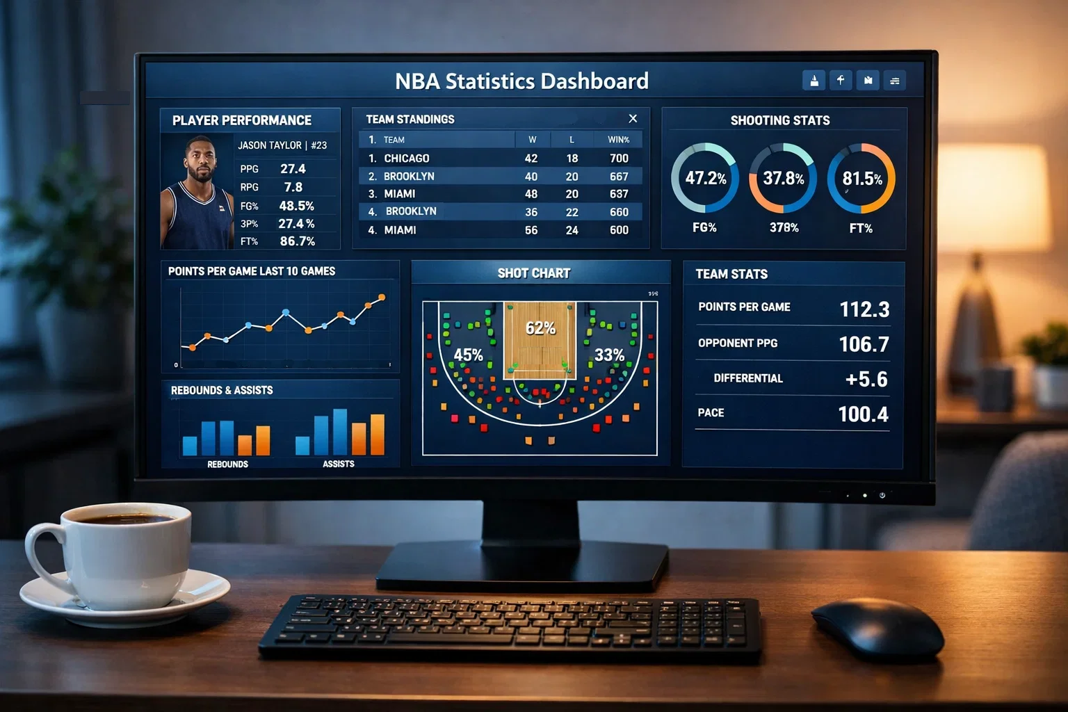 Écran d'ordinateur affichant des statistiques NBA avec graphiques de performance