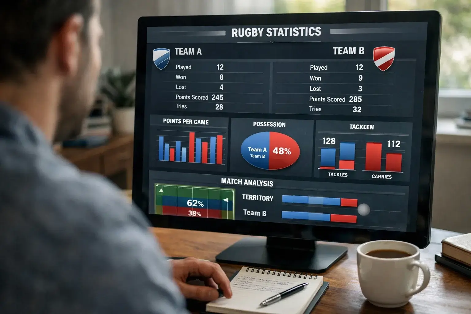 Personne analysant des statistiques de rugby sur un écran d'ordinateur