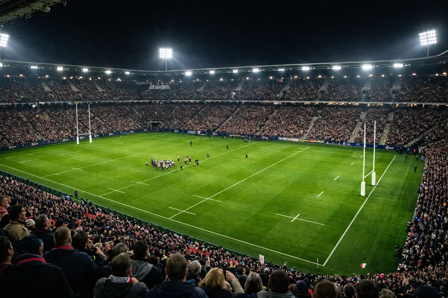 Stade de rugby rempli de spectateurs lors d'un match en soirée