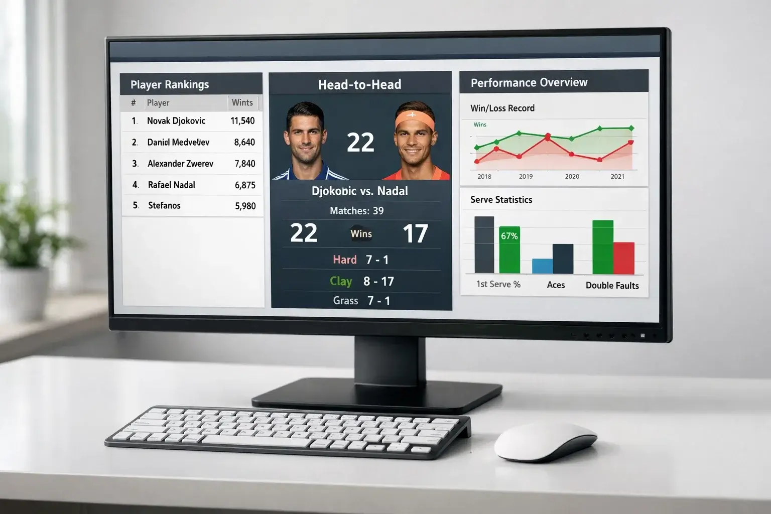 Écran affichant des statistiques de tennis avec classements et performances