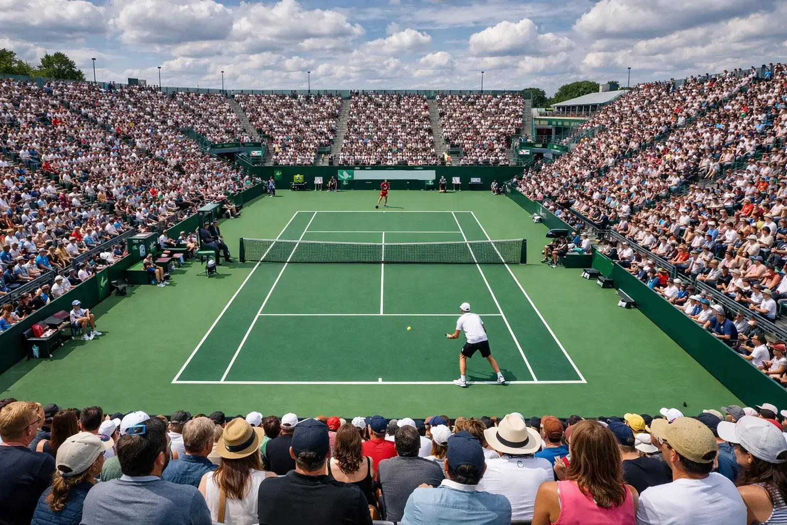 Vue d'ensemble d'un court de tennis lors d'un tournoi avec spectateurs
