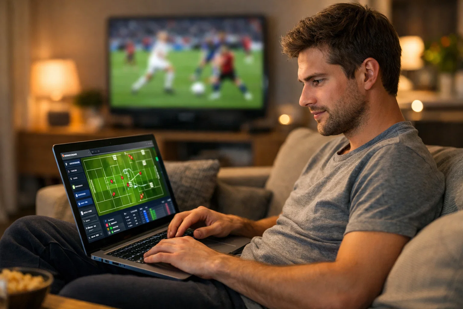 Supporter analysant un match sur son ordinateur portable dans son salon