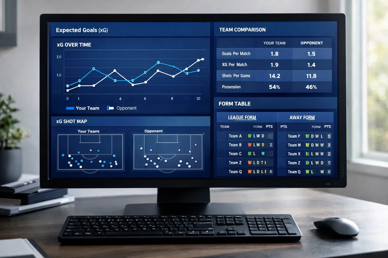 Écran d'ordinateur affichant des statistiques de football avec graphiques et tableaux