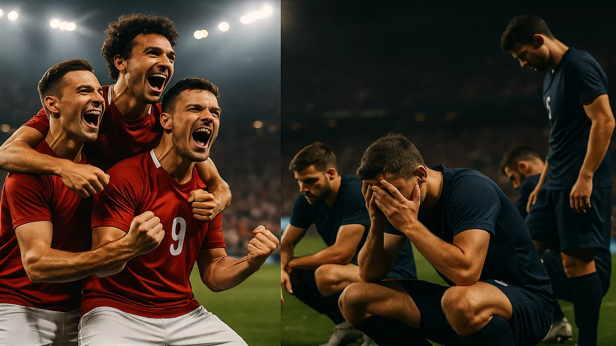 Contraste émotionnel entre équipes victorieuses et défaites montrant l'impact psychologique
