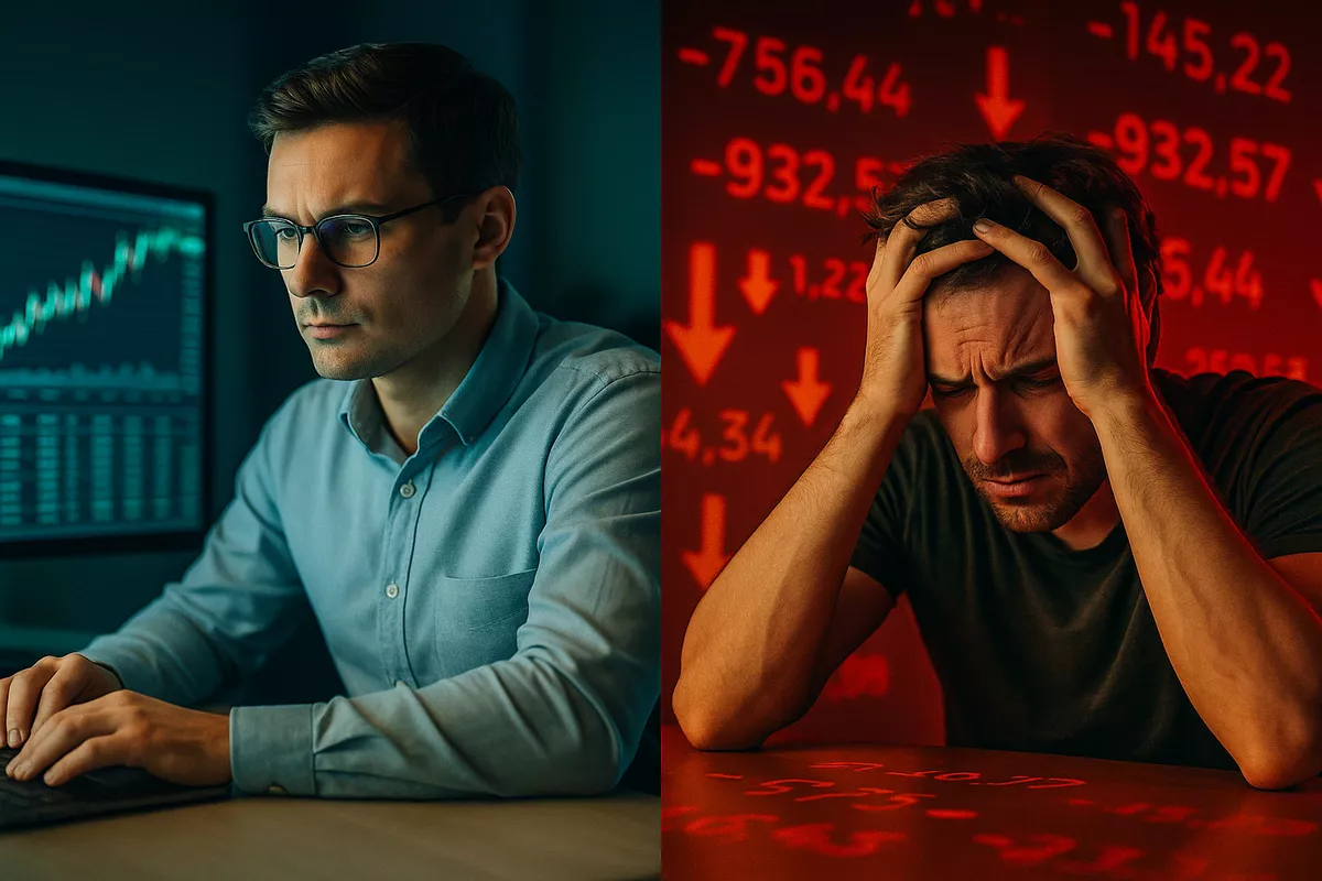 Contraste entre trader calme analysant les données et parieur stressé, illustrant la gestion émotionnelle