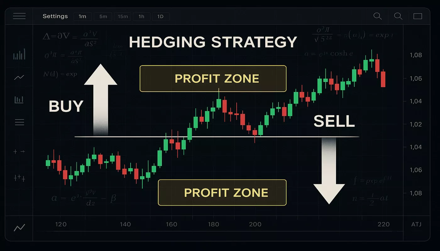 Interface de trading montrant diagrammes de hedging avec positions opposées et graphiques de profit