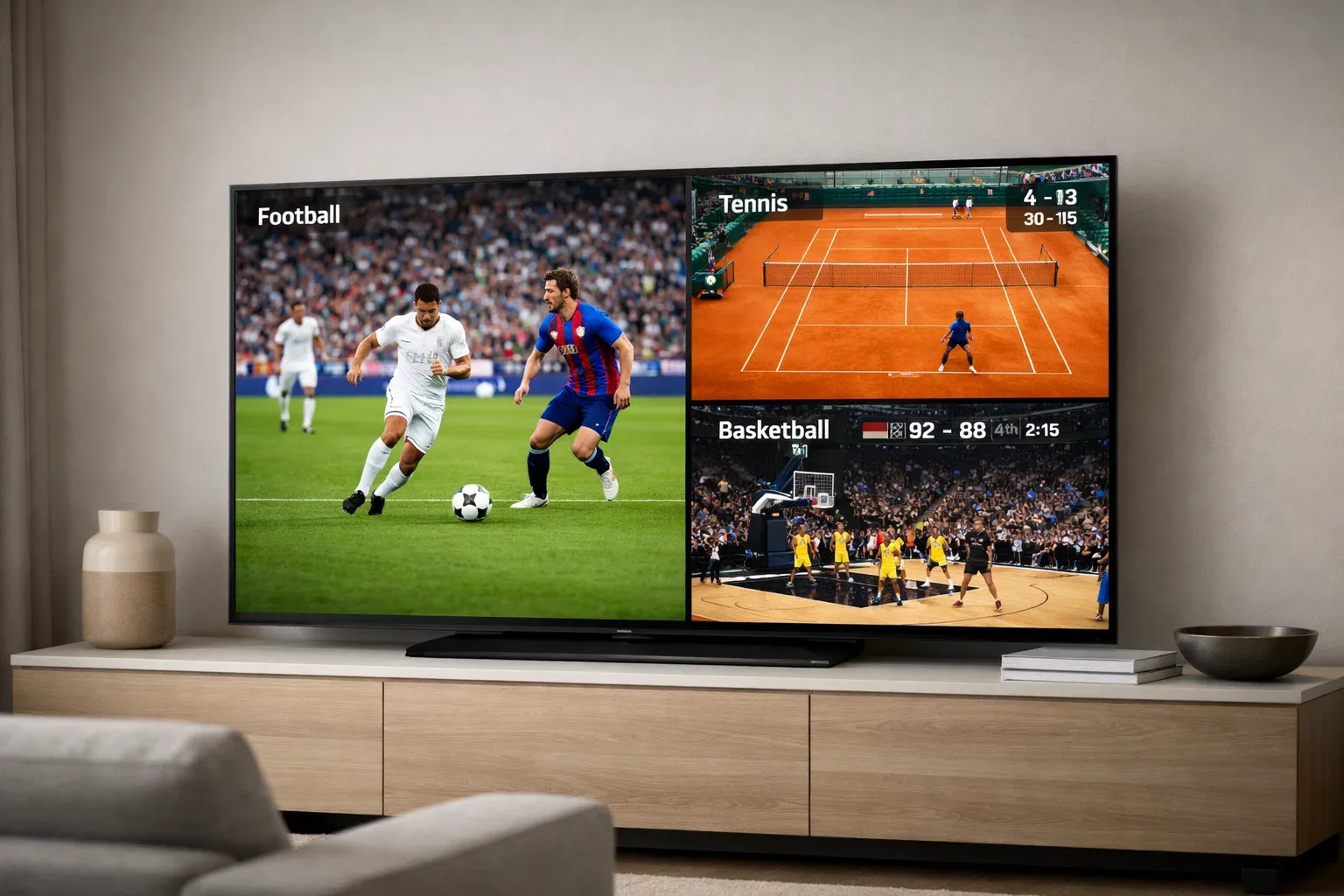 Écran de télévision affichant plusieurs matchs sportifs en mosaïque