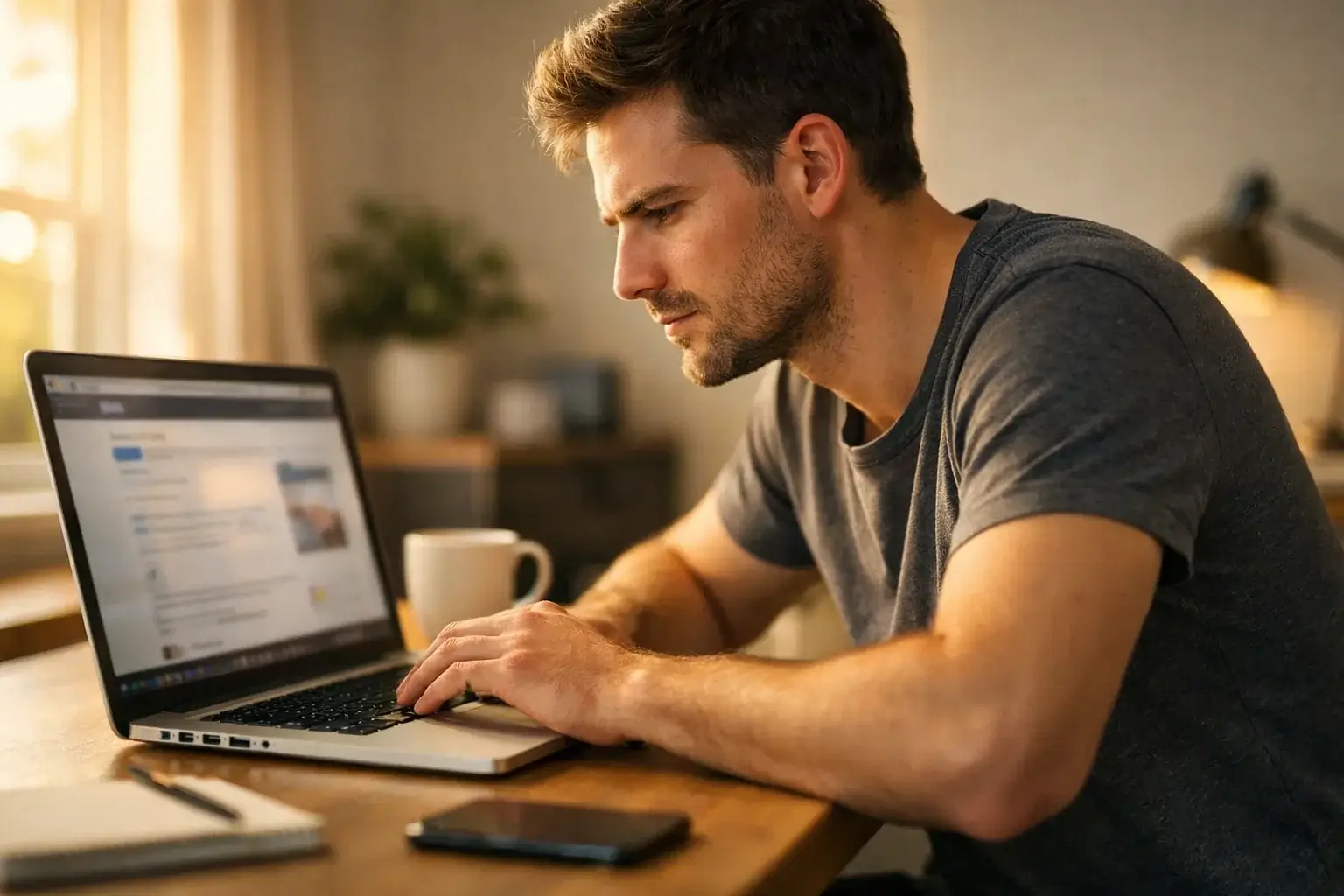 Homme concentré travaillant sur un ordinateur portable dans un bureau à domicile