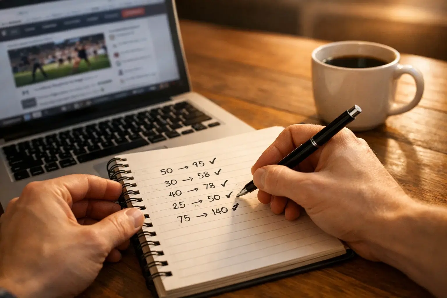 Personne prenant des notes dans un carnet avec un ordinateur portable ouvert