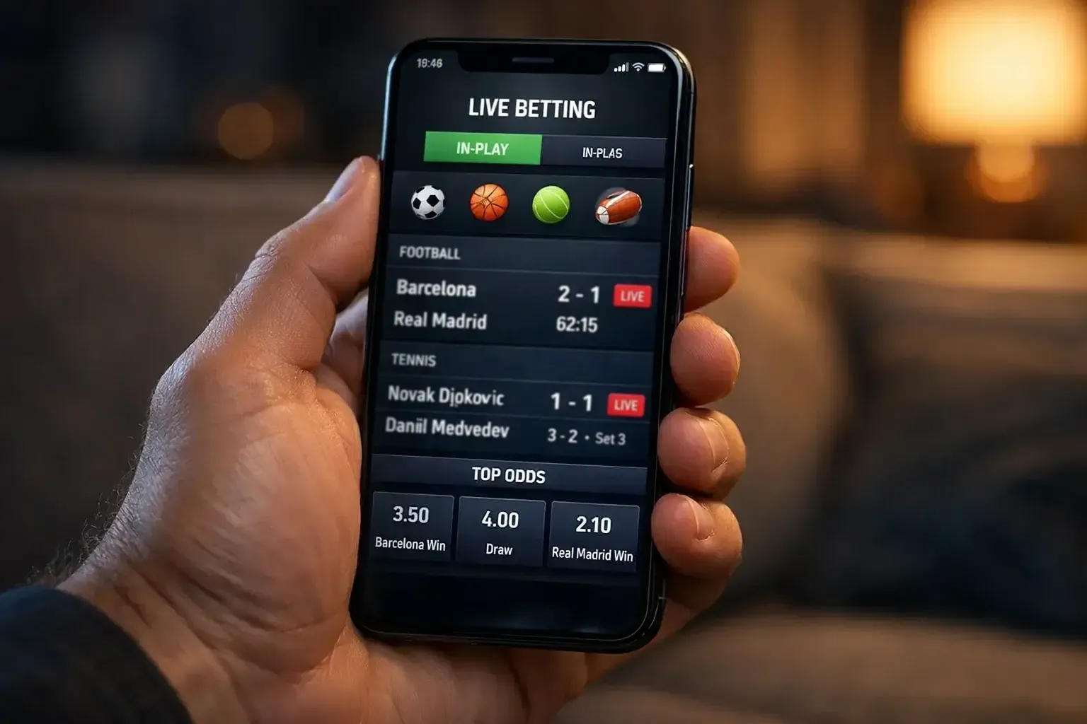 Main tenant un smartphone affichant une application de paris sportifs