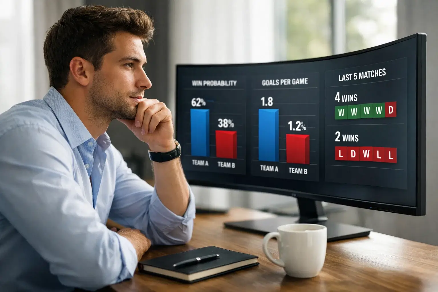 Homme analysant des statistiques sportives sur un écran d'ordinateur